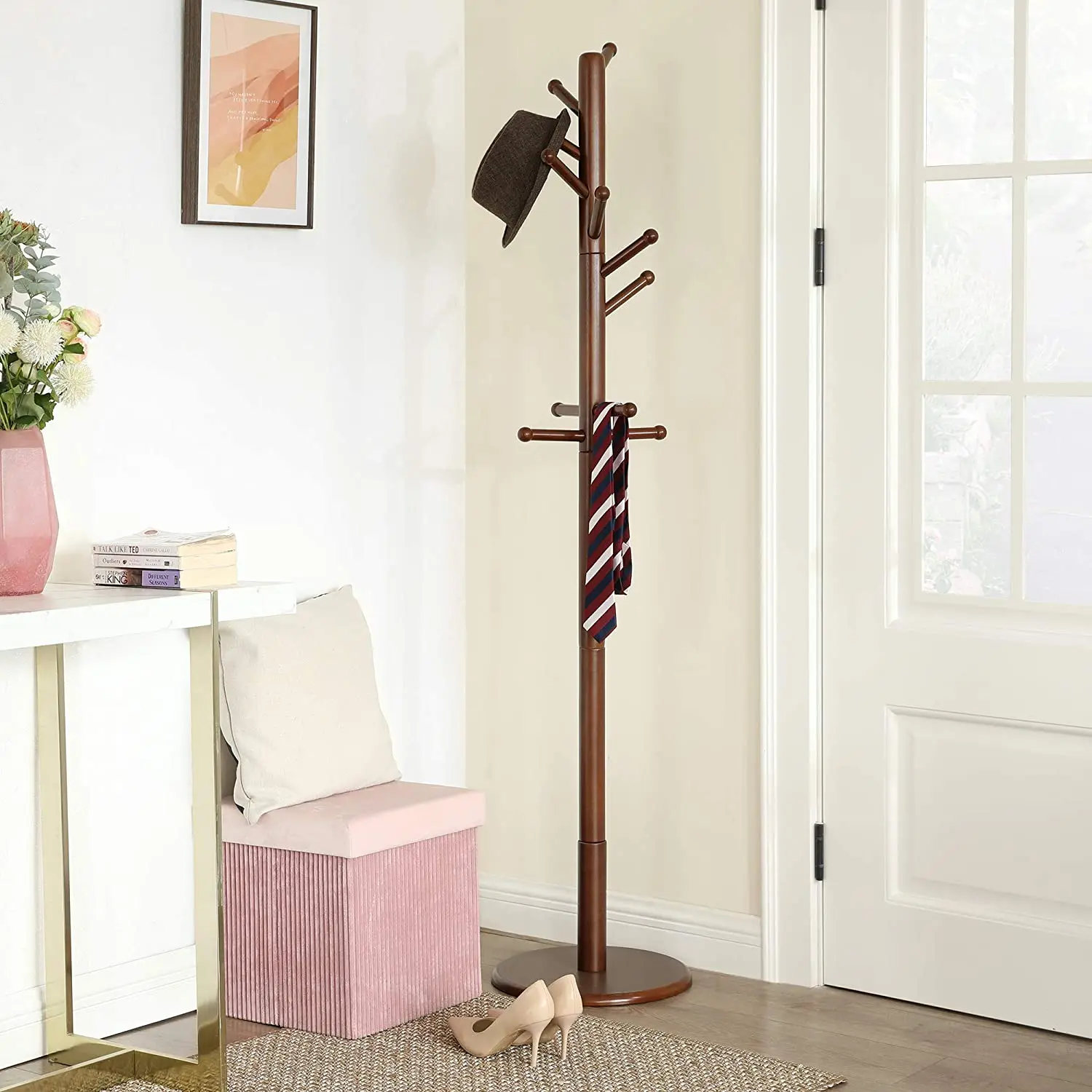 

#Solid Rubber Round Base wood Pole Dark Walnut Free Standing Coat Tree Coat Rack for Clothes, Hats, Bags