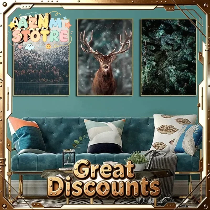 Nordic Natural Landscape Canvas Print Posters Animal Cow Deer Lake Snow Mountain Forest Railway Wall Art Painting Decor Pictu