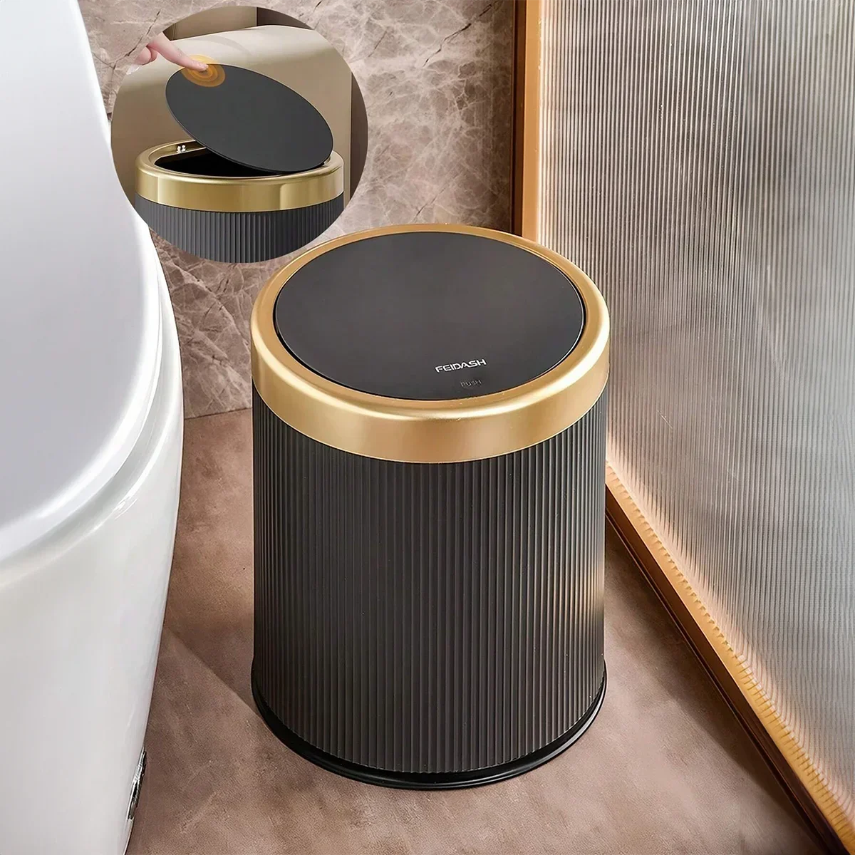 

Modern White and Black Double Layered Trash Bin with Press Top Lid Bathroom, Office and Bedroom