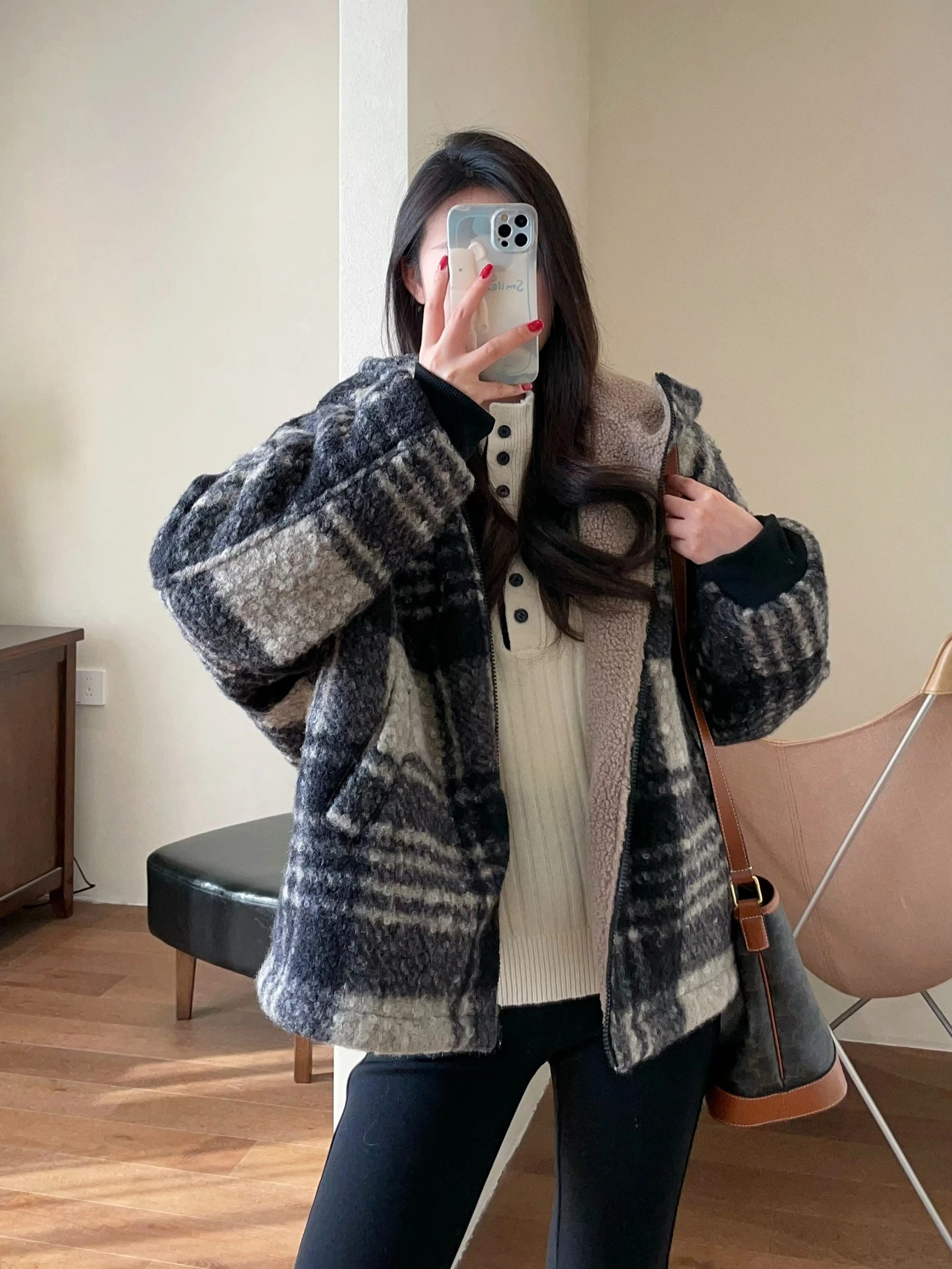 

WTHEONE Women's Double-Sided Wear Warm Plaid Slim Fit ort Lamb Fur Jaet Coat Sli Retro 2025 Winter Faion Outerwear