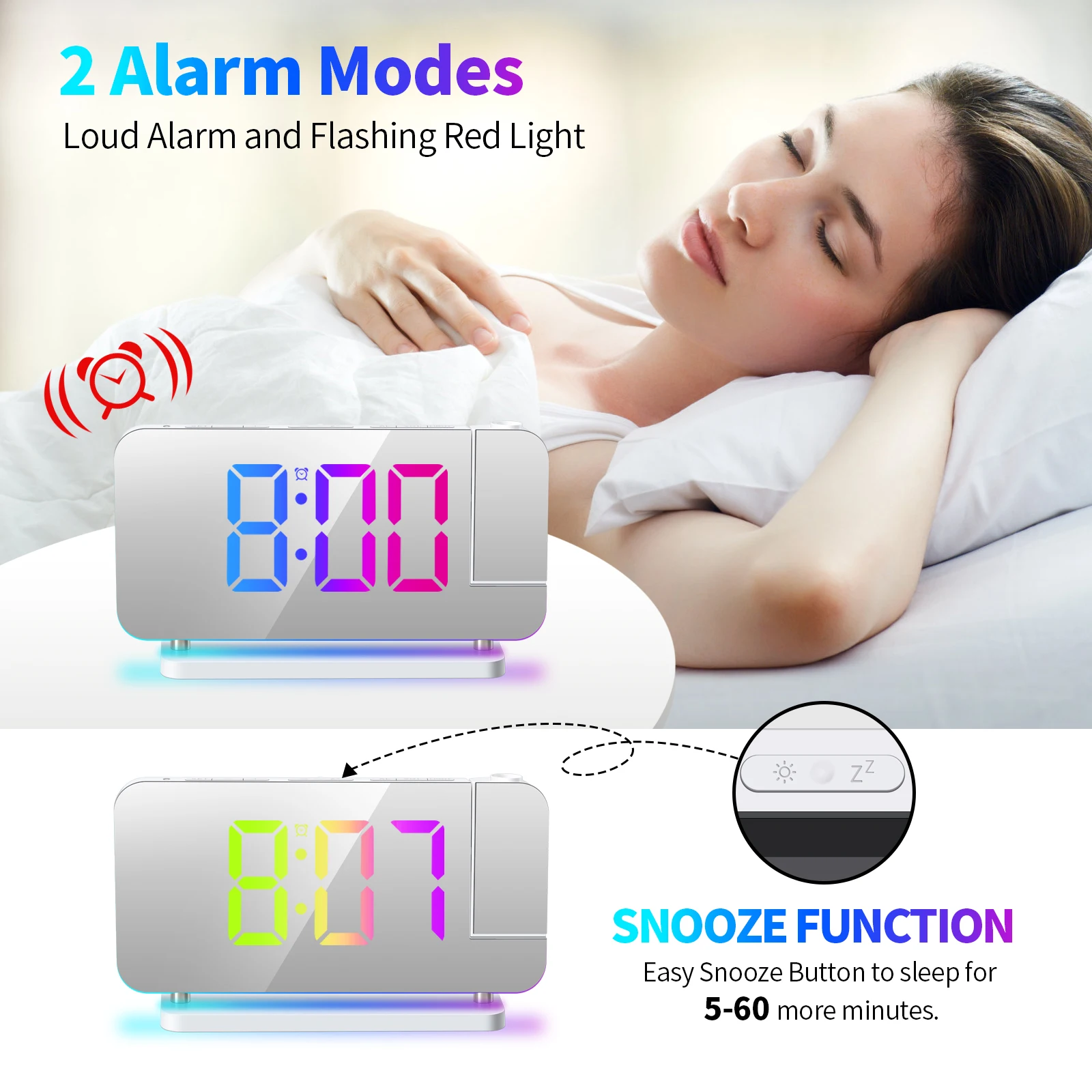 Projection Alarm Clock RGB Colorful LED Digital Clock with Mirror USB Charger Snooze Function 180 Degrees Projector on Ceiling