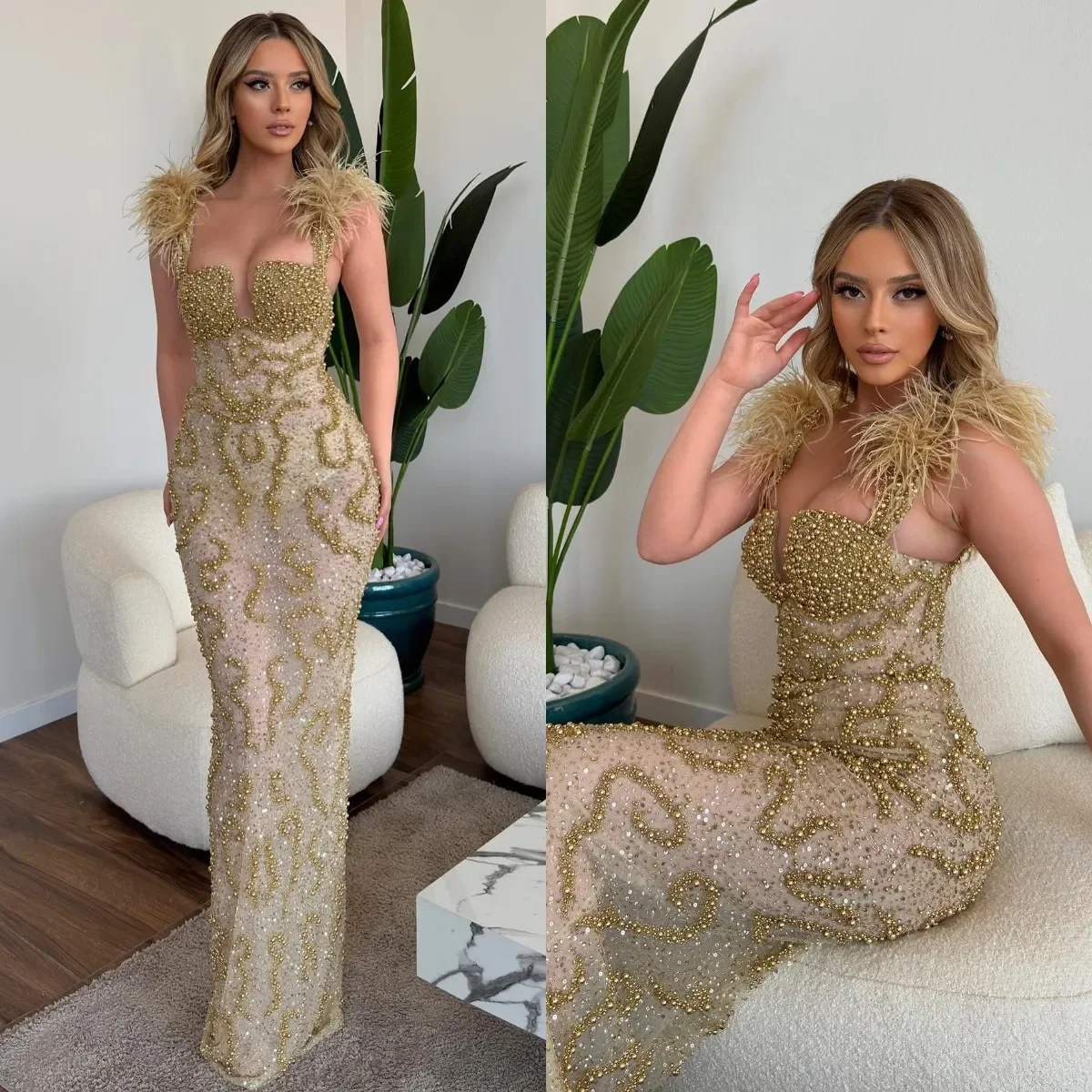 

Sparkly Pearls Sequined Prom Dresses Sexy Sleeveless Feather Evening Dress Customized Floor Length Party Gown