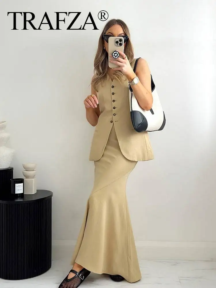 TRAFZA Women Vintage Solid Vest Skirts Sets V Neck Single Breasted Vest Tops Elastic Waist Midi Skirt Fashion Office Lady Suit