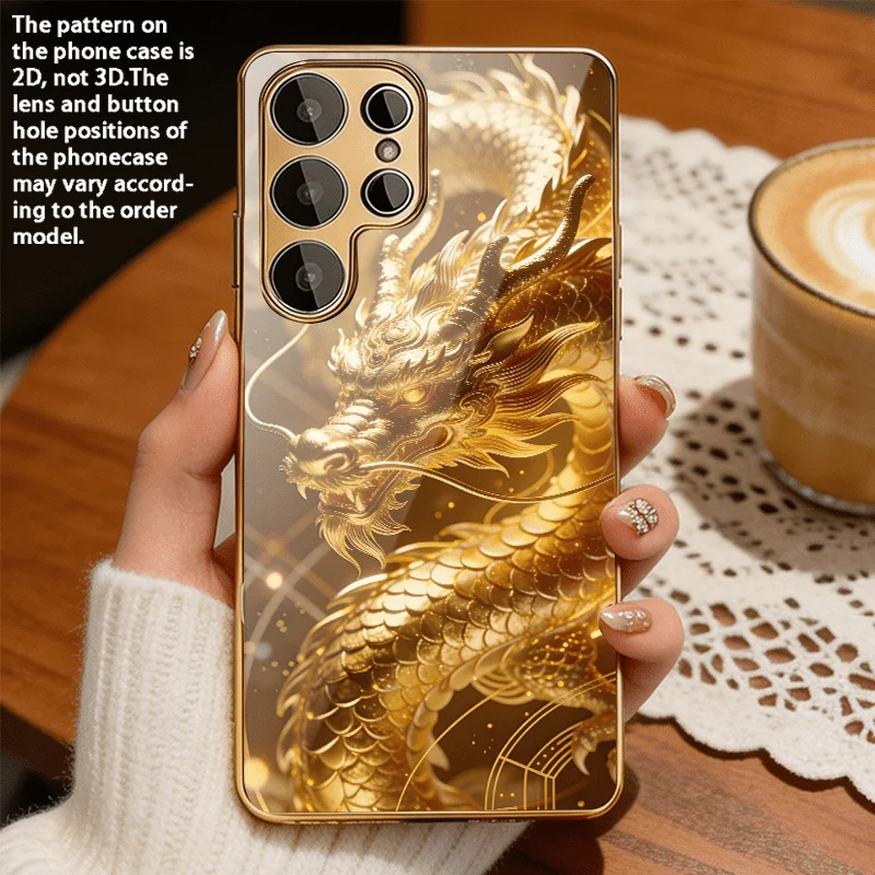 Golden Dragon patterned glass phone case suitable for Samsung Galaxy S26 S25 S24 S23 S22 S20 FE/Ultra/Plus anti drop back cover