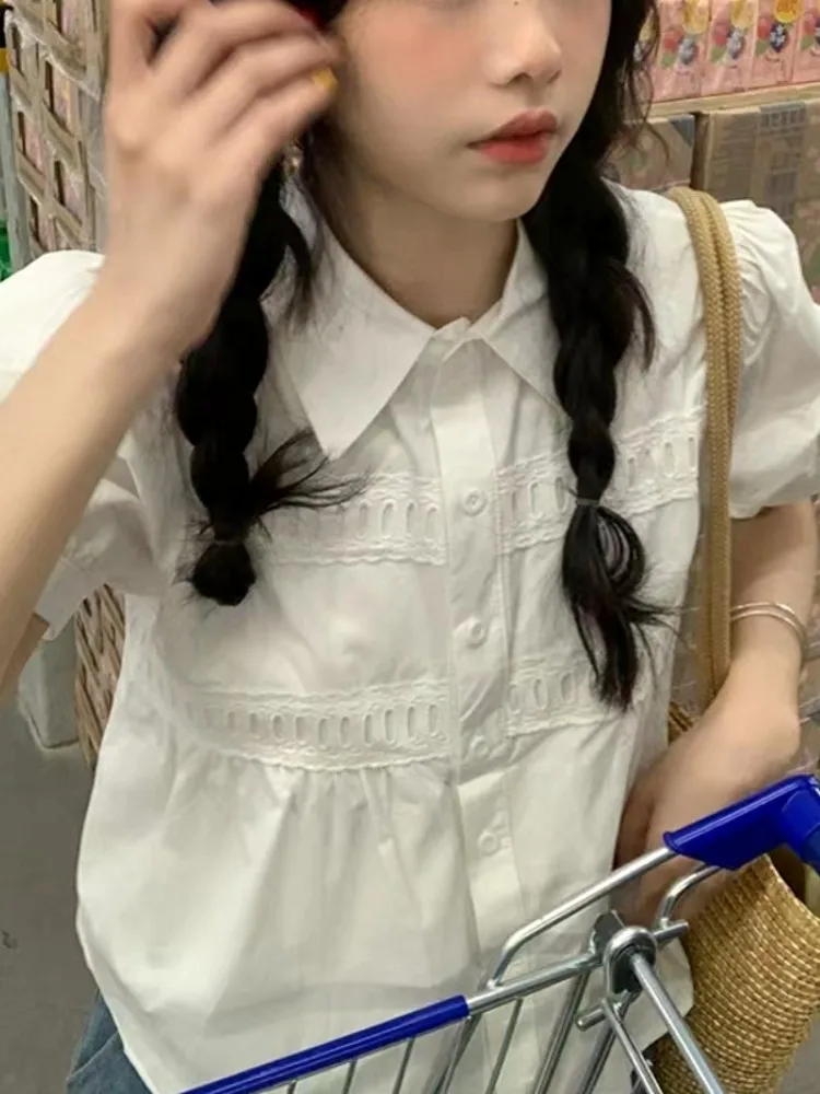 

Белая женская летняя блузка-топ в корейском стиле с воротником, новая модель, укороченная длина