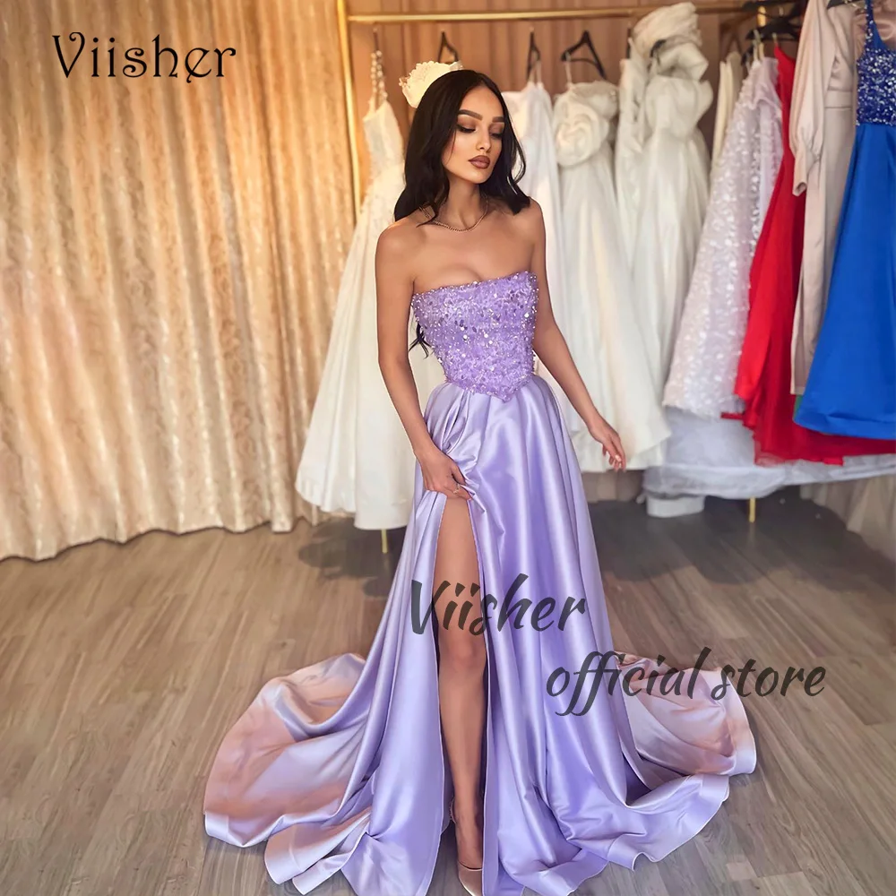 

Viisher Lavender Evening Dresses for Women Sequins Strapless Draped Satin Long Prom Party Dress with Slit Formal Event Dress