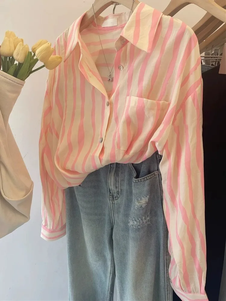 Official Picture Pink Striped Sun Protection Women Shirt Spring Summer Autumn Thin French Chic Cardigan Tops Dropshipping