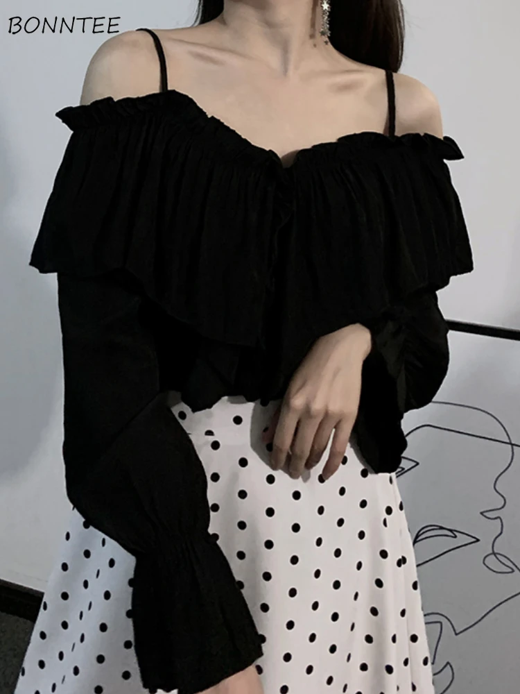 

Blouses Women Off-shoulder Chic Ruffles Design Casual Ins All-match Sweet Spicy Girls Streetwear Fairycore Korean Fashion Y2k