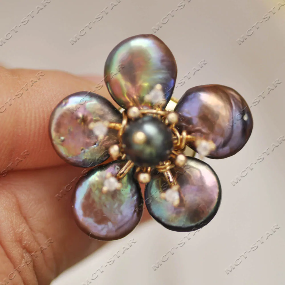 

MTC·STAR Кольцо ручной работы с павлином-черной монетой и жемчужным цветком, 28 мм, CZ (Z14399)