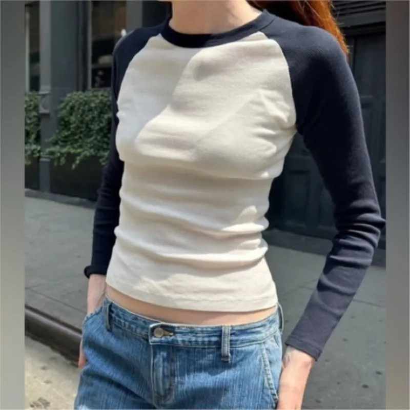 Retro Patchwork Ribbed T-shirt Women Autumn Casual O-Neck Cotton Long Sleeve Tee Shirt Vintage Streetwear Chic T Shirt Y2K Tops