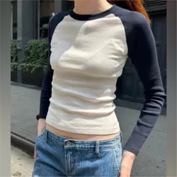 Retro Patchwork Ribbed T-shirt Women Autumn Casual O-Neck Cotton Long Sleeve Tee Shirt Vintage Streetwear Chic T Shirt Y2K Tops