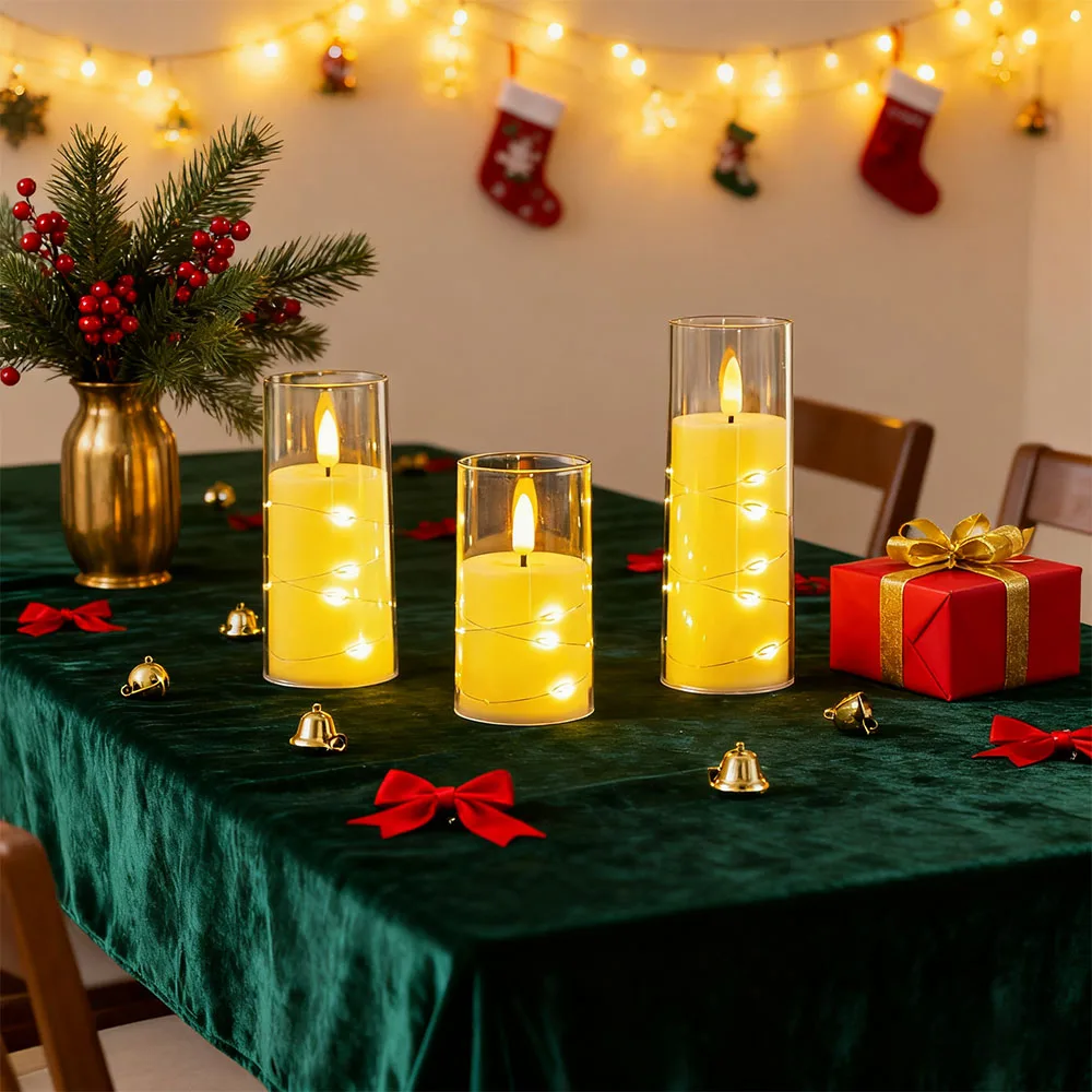 3 قطعة شموع LED عديمة اللهب مع سلسلة نجمة مدمجة تعمل بالبطارية شموع وامضة LED للديكور المنزلي