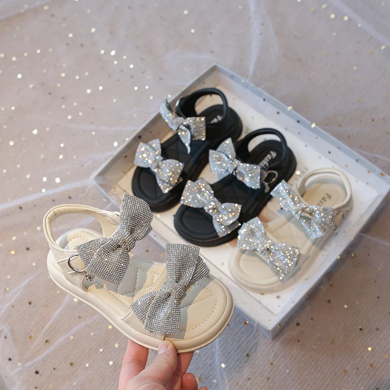 

2025 Summer New Children Fashion Sandals for Girls Korean Style Soft Bottom Anti-slippery Versatile Bowtie Open-toe Beach Shoes