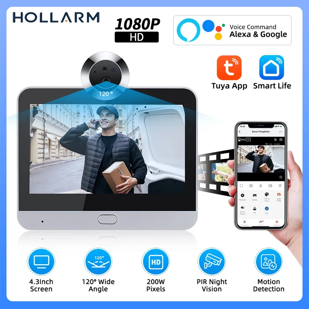 Hollarm 1080P Tuya Peephole Doorbell PIR Motion Detection Door Viewer Night Vision One Way Talk 5000mAh Wifi Indoor Camera