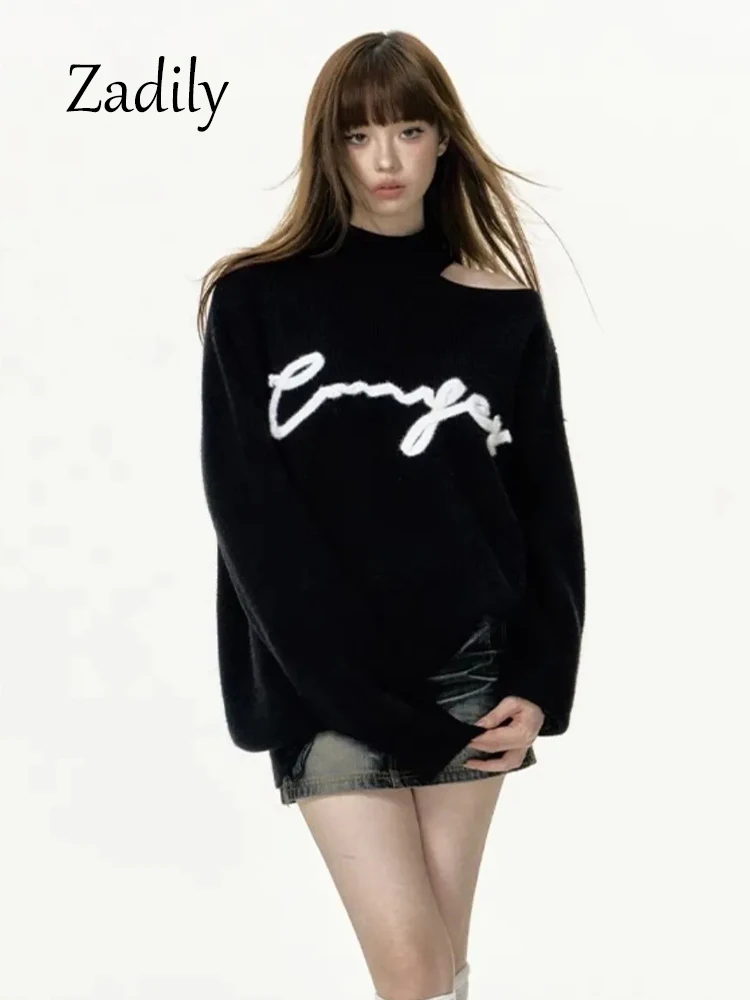 Zadily 2023 Winter Long Sleeve Women One Shoulder Sweater Korea Style Loose Letter Embroidery Knit Ladies Pullovers Clothing