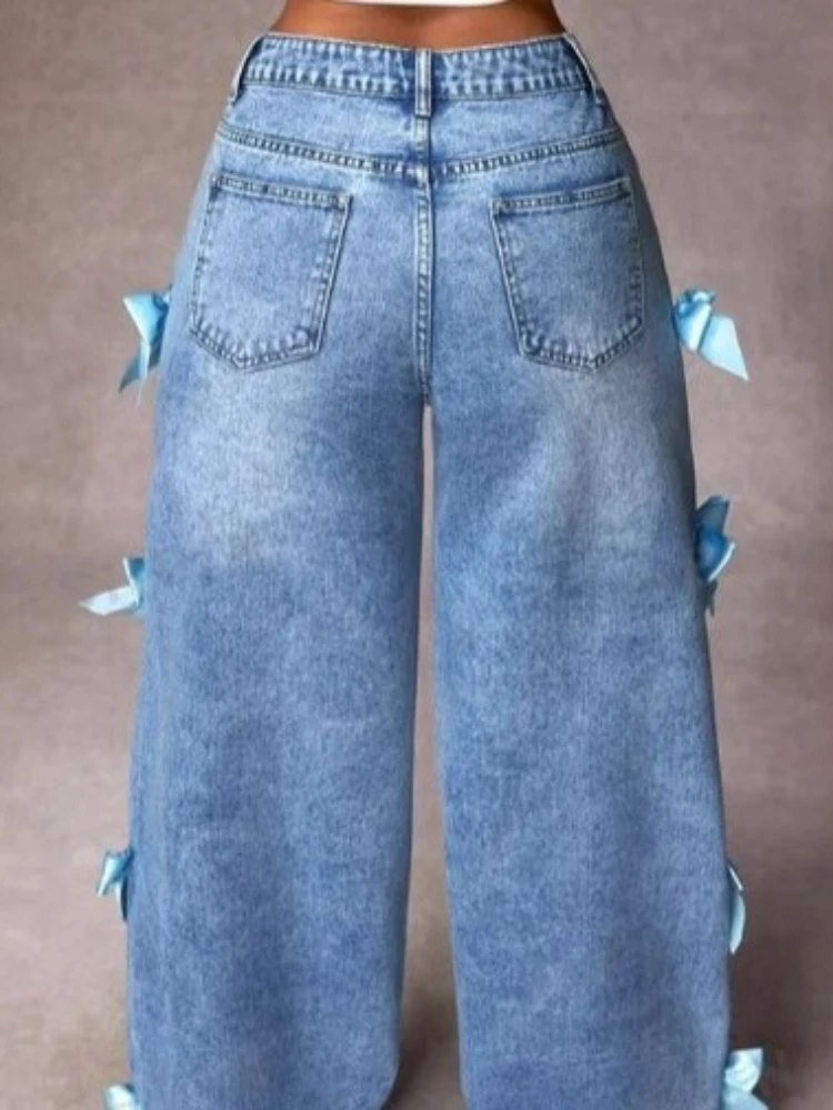 Y2k Pantaloni a gamba larga Jeans a vita alta lavati con fiocco da donna 2025 Streetwear Denims Pantaloni vintage dritti alla caviglia effetto consumato