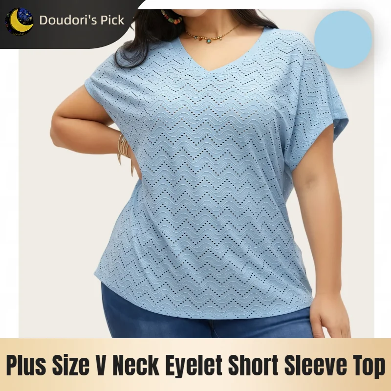 Plus-Size European and American Elegant Style Women's Sky Blue V-Neck Batwing Short-Sleeve Top with Wave Pattern Perforated Hollow-Out Fabric, Breathable Casual Top