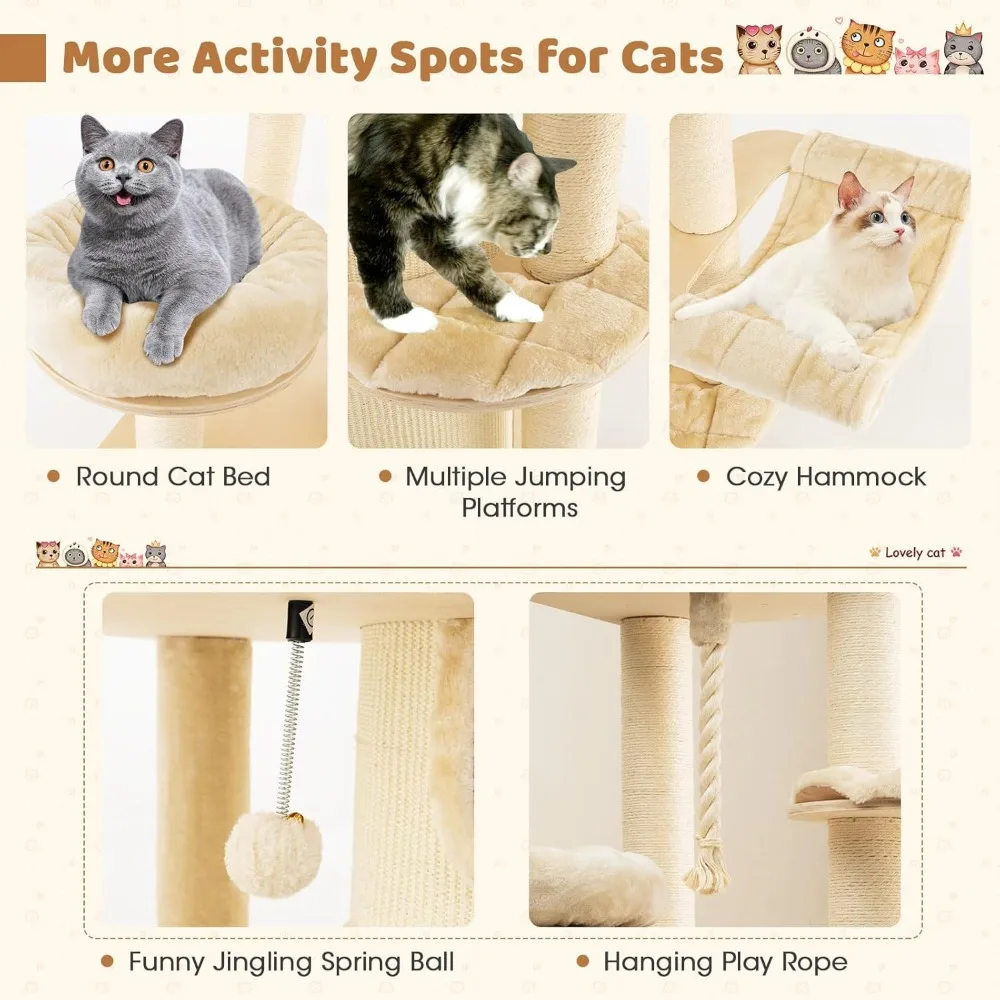 3-Story Cat Condo, Hammock, Sisal Scratching Posts, Spring Ball, Hanging Play Rope for Indoor Cats 20 lbs Heavy Duty