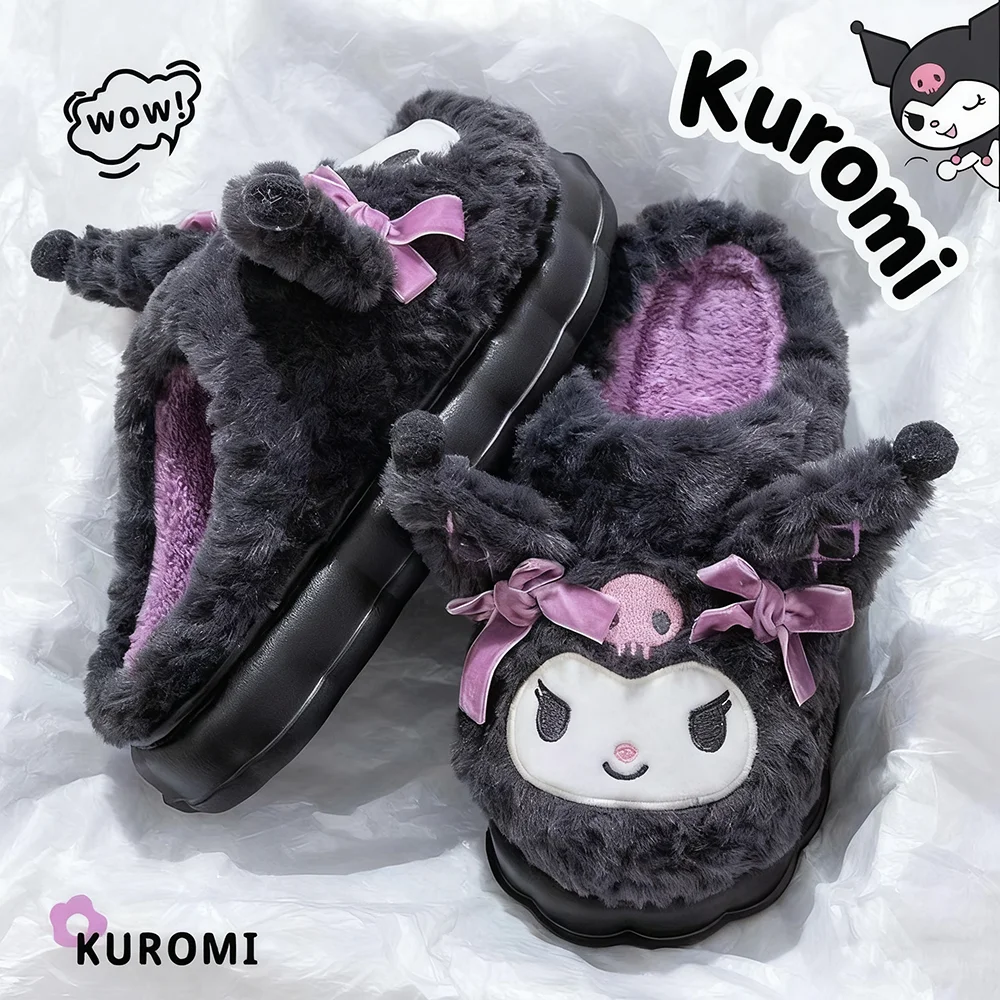 New Sanrio Kawaii Kuromi Cotton Slippers Cute Winter Home Slippers Thick Sole Keep Warm Cotton Shoes Xmas Gift For Girlfriend