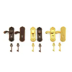 Mini Furniture Pull Keyhole Plate Brass Knobs Dollhouse Lock Key Set Miniature Door Handles Doll House Gift DIY Accessories