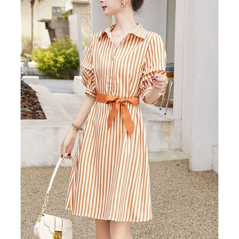 Commuter Minimalist Summer New Women's Square Collar Button Striped Elegant Trendy Slim Comfortable Half Sleeve Lacing Dress