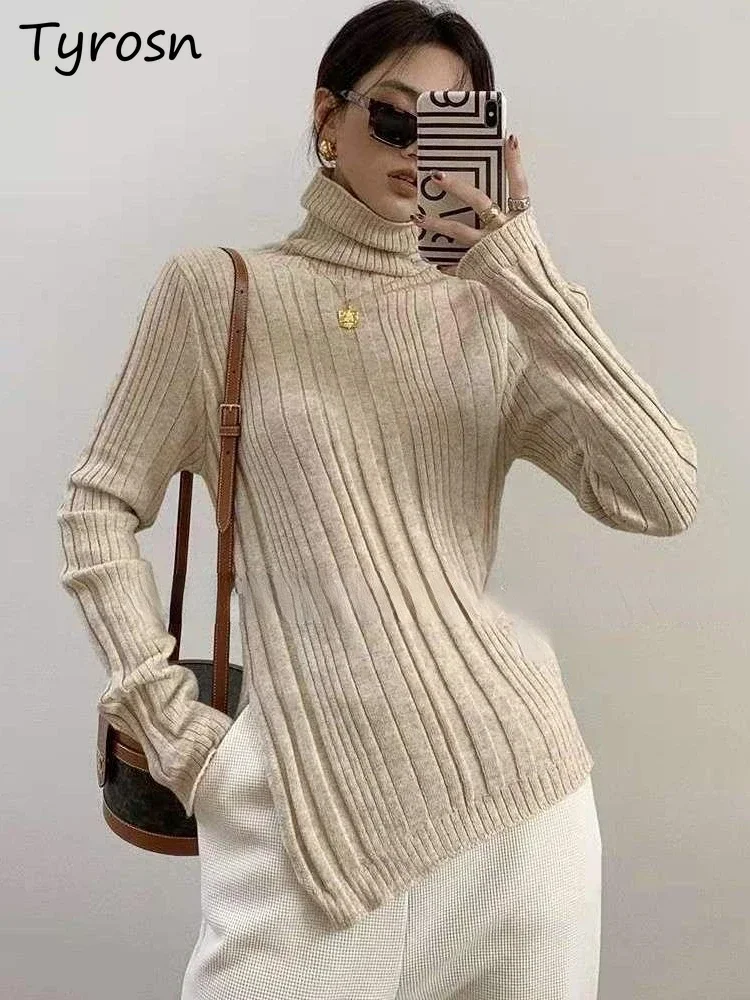 Turtleneck Pullovers Women Minimalist Design Asymmetrical Ladies Side-slit Pure All-match Slim Autumn Sweater Korean Style Chic