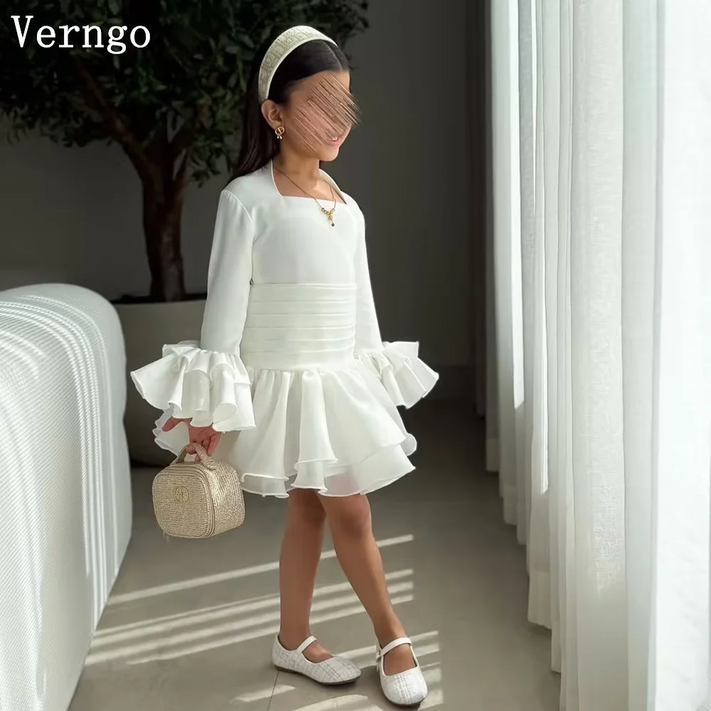 

Verngo Simple Mini Girl Fowers Dress Crepe Tiered Birthday Party Dresses Full Sleeves Kid Prom Gown Customized