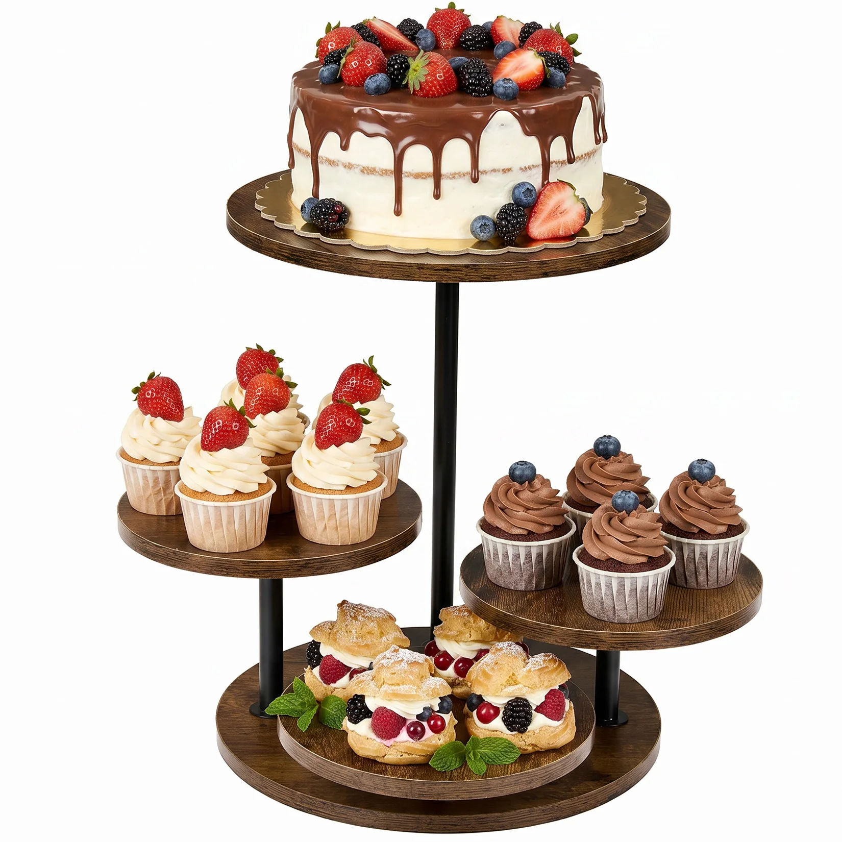 4 Tier Round Wooden Cupcake Display Rack - Vintage Brown MDF - Two 11.8in & Two 7.9in Trays - Farmhouse Dessert & Pastry Stand for Party, Fruit, Home Decor, Multi-Purpose Serving
