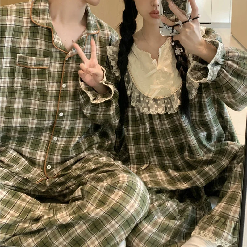 Lovers New Home Sweet Lace Thicken Casual Long Sleeve Pajama Couple Korean Princess Embroidery Court style Fashionable Sleepwear