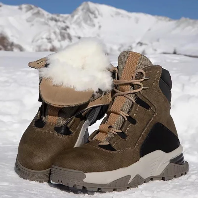Fashion Wool Snow Boots Men's Winter Fur Warm Thick Plush High Top Outdoor Sport Boots Youth Hiking Cotton Shoes Casual Sneakers