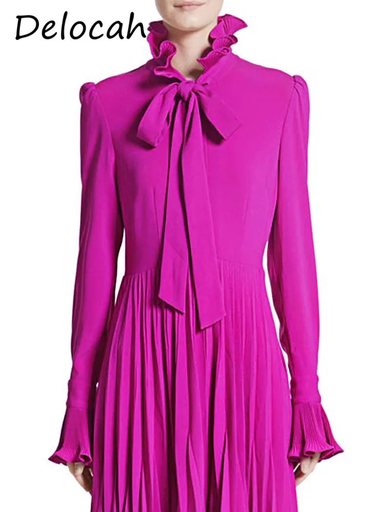 Delocah Spring And Summer High-end European And American Rose Red Long-sleeved Purple Pleated Slimming Long Female Dress