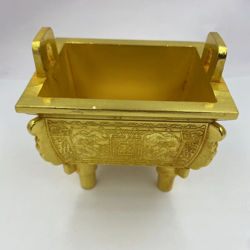 Gilt Bronze Tripod Double Dragon Sheng Ding Prosperous Millennium Square Ding Copper Incense Burner Opening Gift Craft Gift Orna