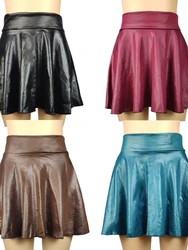 Matte PU Imitation Leather Pleated Mini Skirt Women High-waist Loose Skirts Office Lady Vintage Sun Skirt Club Party