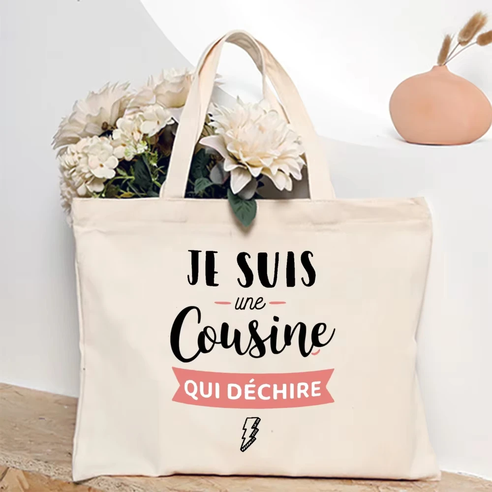 French Cousines Print Canvas Shoulder Bag Female Shopping Tote Women Travel Handbags Eco Reusable Storage Pouch Gifts for Cousin