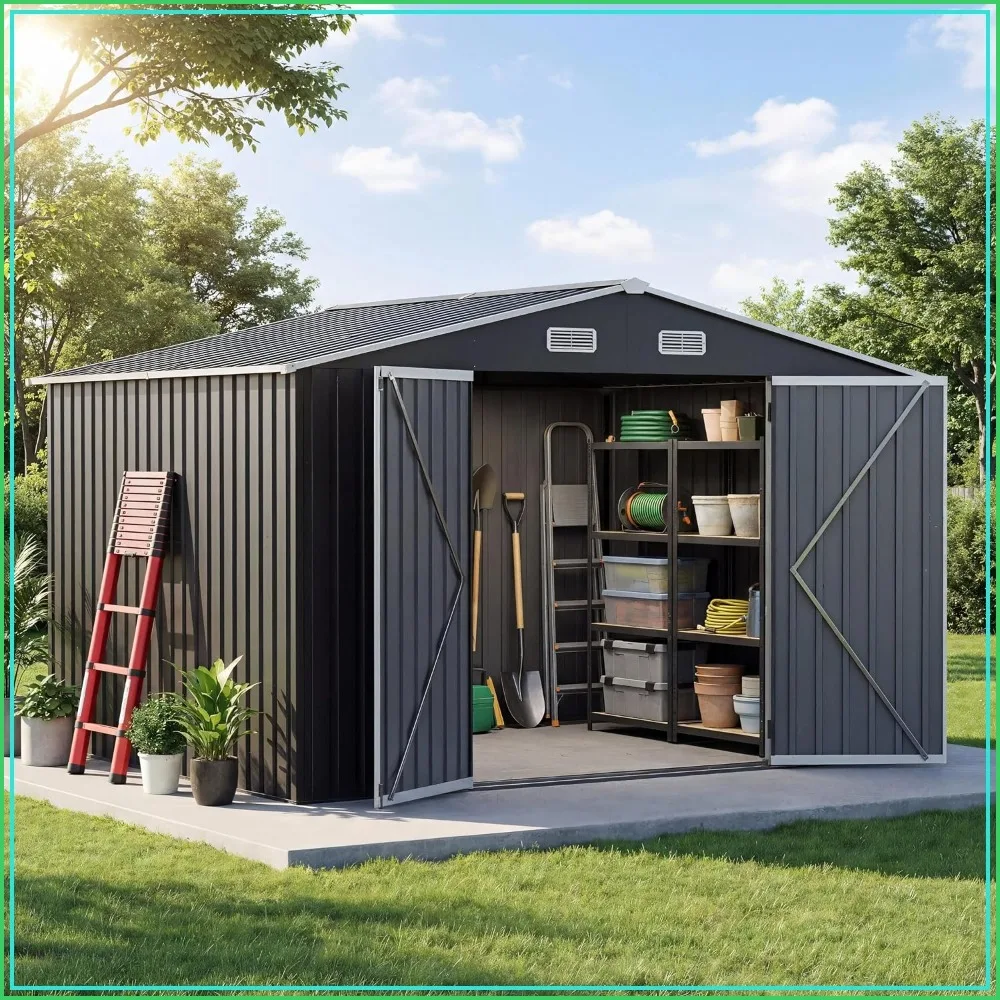 UDPATIO 10x8 ft Outdoor Storage Shed Metal Garden Shed for Backyard Grey