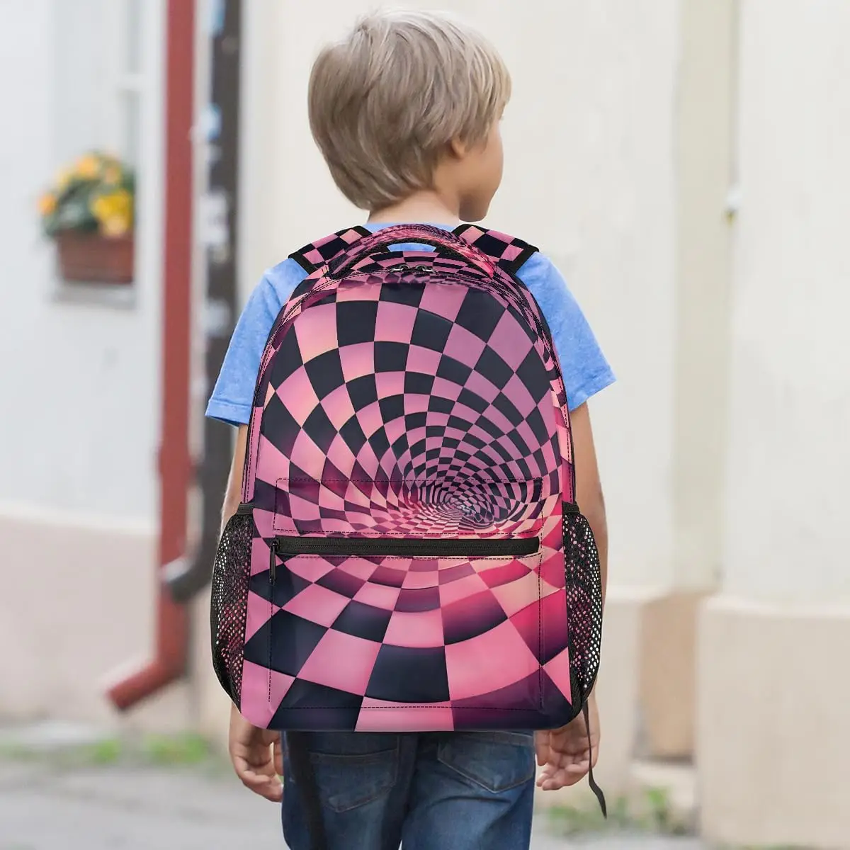 Black And Pink Checkerboard Travel Backpack 18 Inch For Women Men Water Resistant Shoulder Rucksack Daypack For Nurse Work