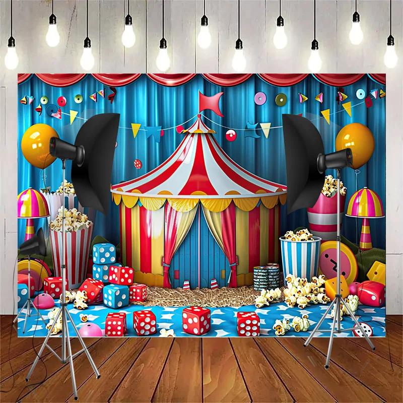 Circus Tent With Striped Canopy Popcorn Photography Backdrops Balloons Birthday Party Decor Animal Photo Studio Background SD-06