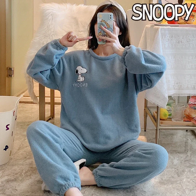 Snoopy Pajamas Set Anime Winter Women Flannel Sleepwear Thick Warm Pullover Tops Pants Cartoon Female Homewear Pajamas Gifts