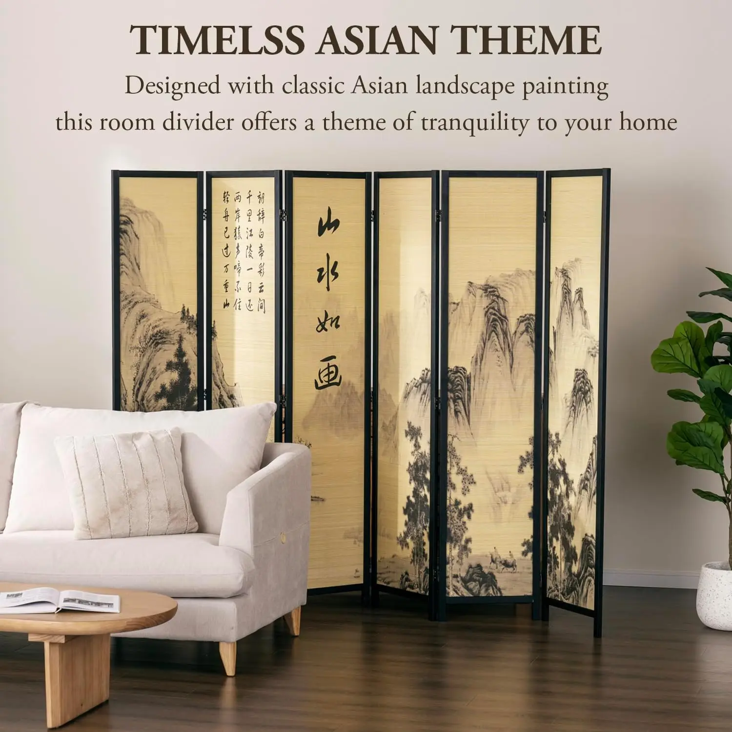 MyGift Decorative 6 Panel Folding Room Divider Bamboo Screen with Chinese Calligraphy Design, Freestanding Floral Artwork Room