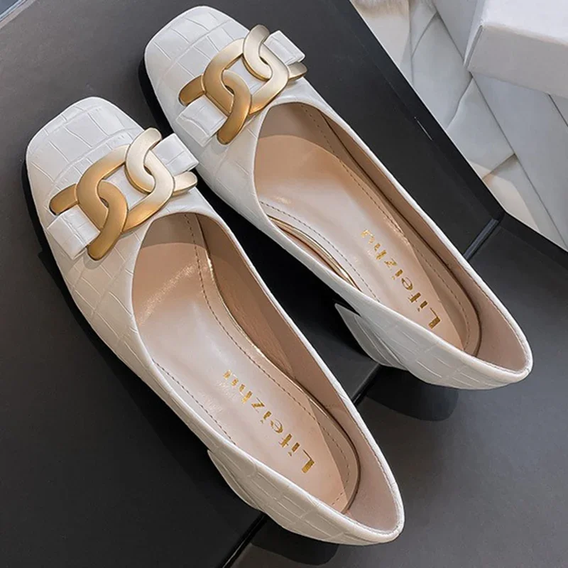 Women 5cm High Heels Fashion Work Daily Pumps Female Luxury Metal Buckle Square High Heels Lady Versatile Shallow Barefoot Shoes