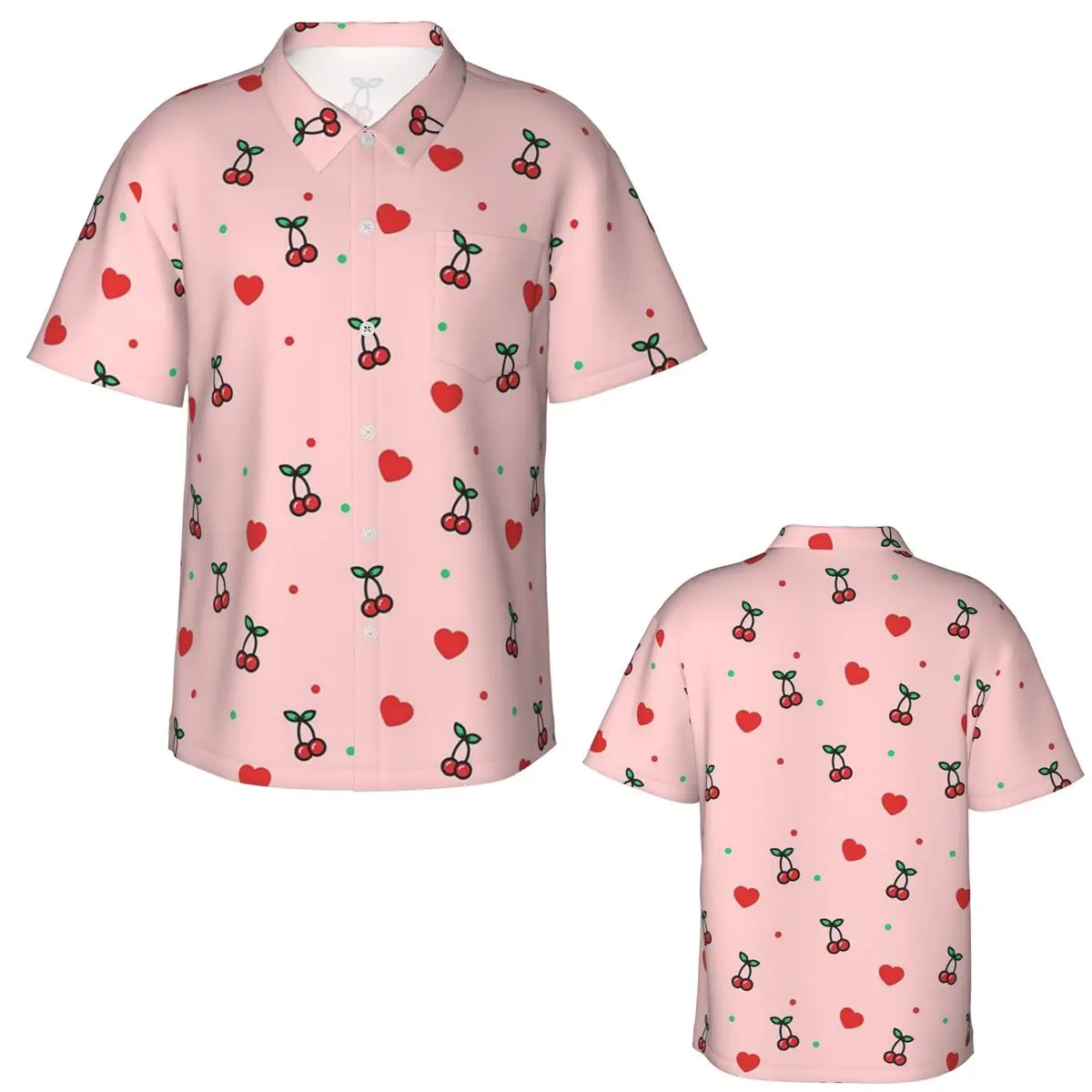 Cherry Heart Design Pattern With Pink Background Hawaiian Shirts Fashion Men Short Sleeve Shirt Summer Beach Men's Lapel Tops