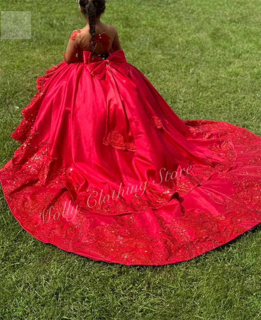 Red Girl Prom Dress Fluffy Big Bow Full Sleeves Trailing Wedding Kids First Communion Formal Event Dinner Dress