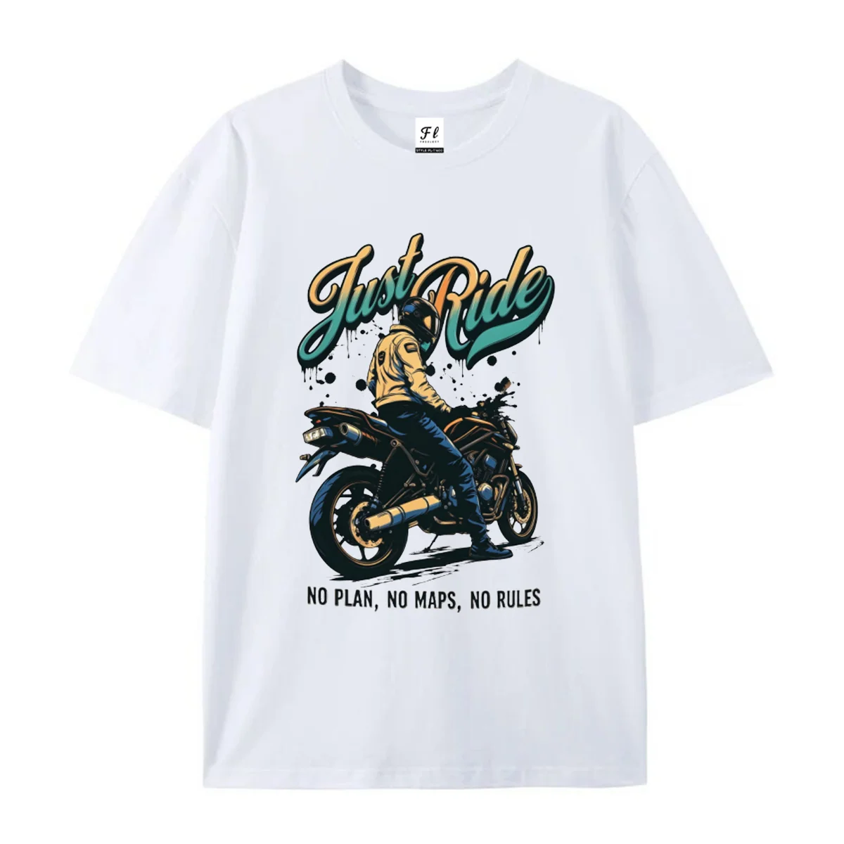 Men Short Sleeve T Shirt Retro Motorcycle Rider Graphic Tees Just Ride Letter Print No Plan No Maps No Rules Summer Crew Neck