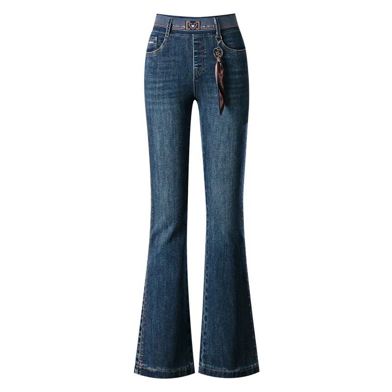 Autumn and Winter High Waisted Jeans Denim Flared Pants Women\'s Elastic Thin Straight Micro Pants Elastic Waist Trousers M-4XL