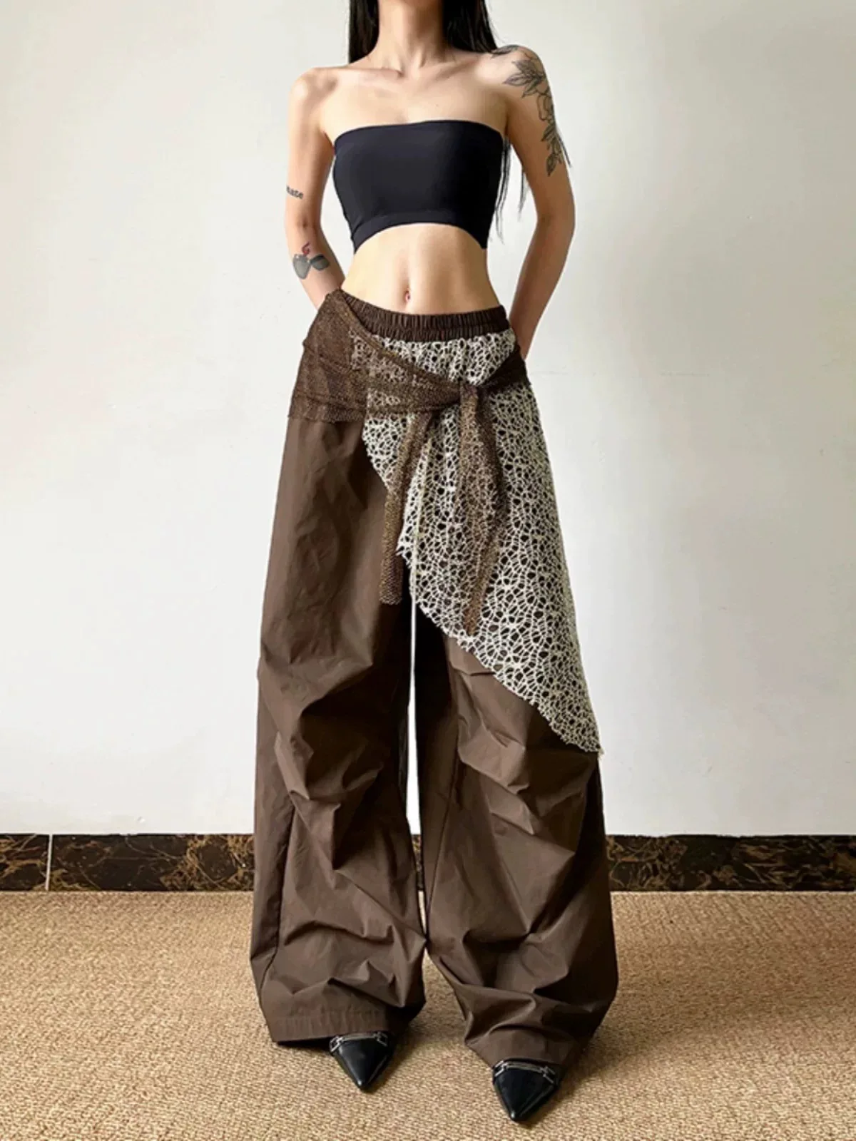 Frauen Y2K Vintage Chic Stil High Street Spitze Gespleißt Baggy Breite Bein Hosen Japanische 2000er Jahre Hajaruku Mode Cargo Hosen