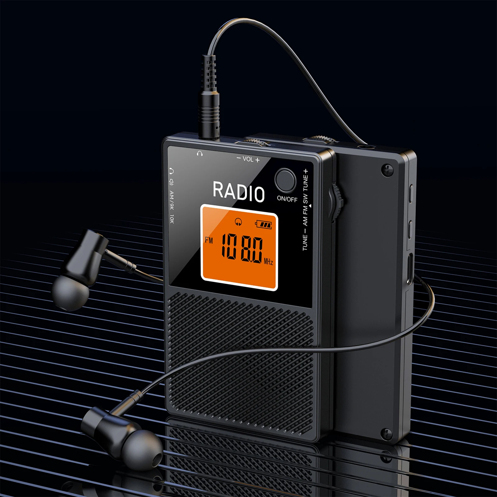 Mini AM FM Transistor Radio, Type-C Charging, LCD Backlit Digital Display, Pocket Portable Radio W/ Speaker & Headphone Support