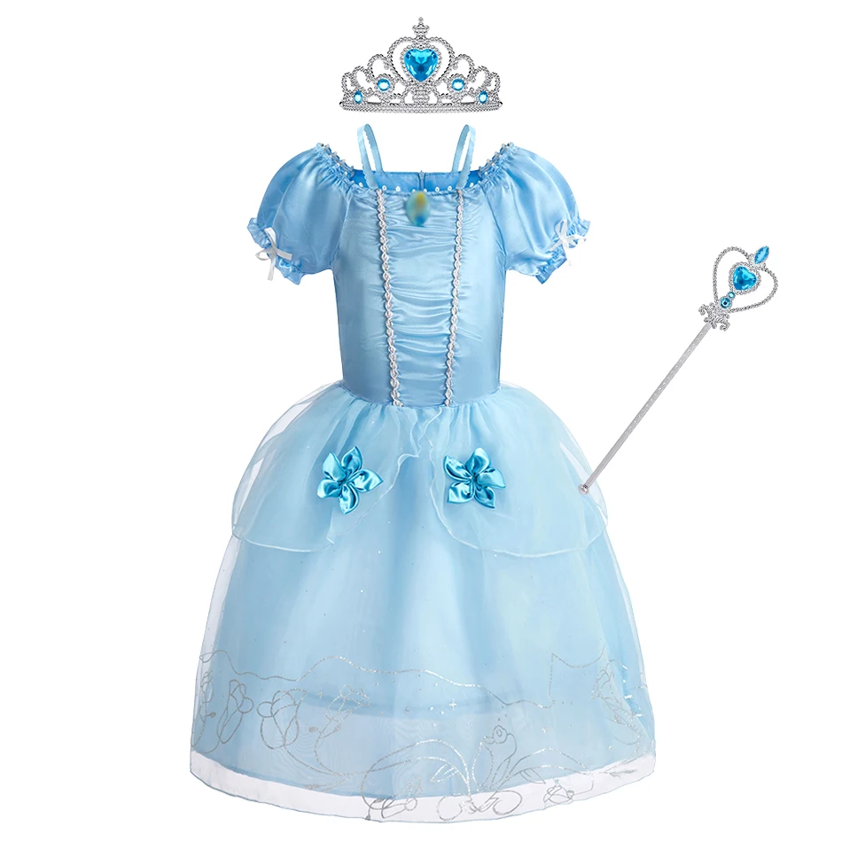 Meninas vestidos de princesa crianças verão desempenho azul roupas crianças cinderela dança apliques manga bolha vestidos cosplay