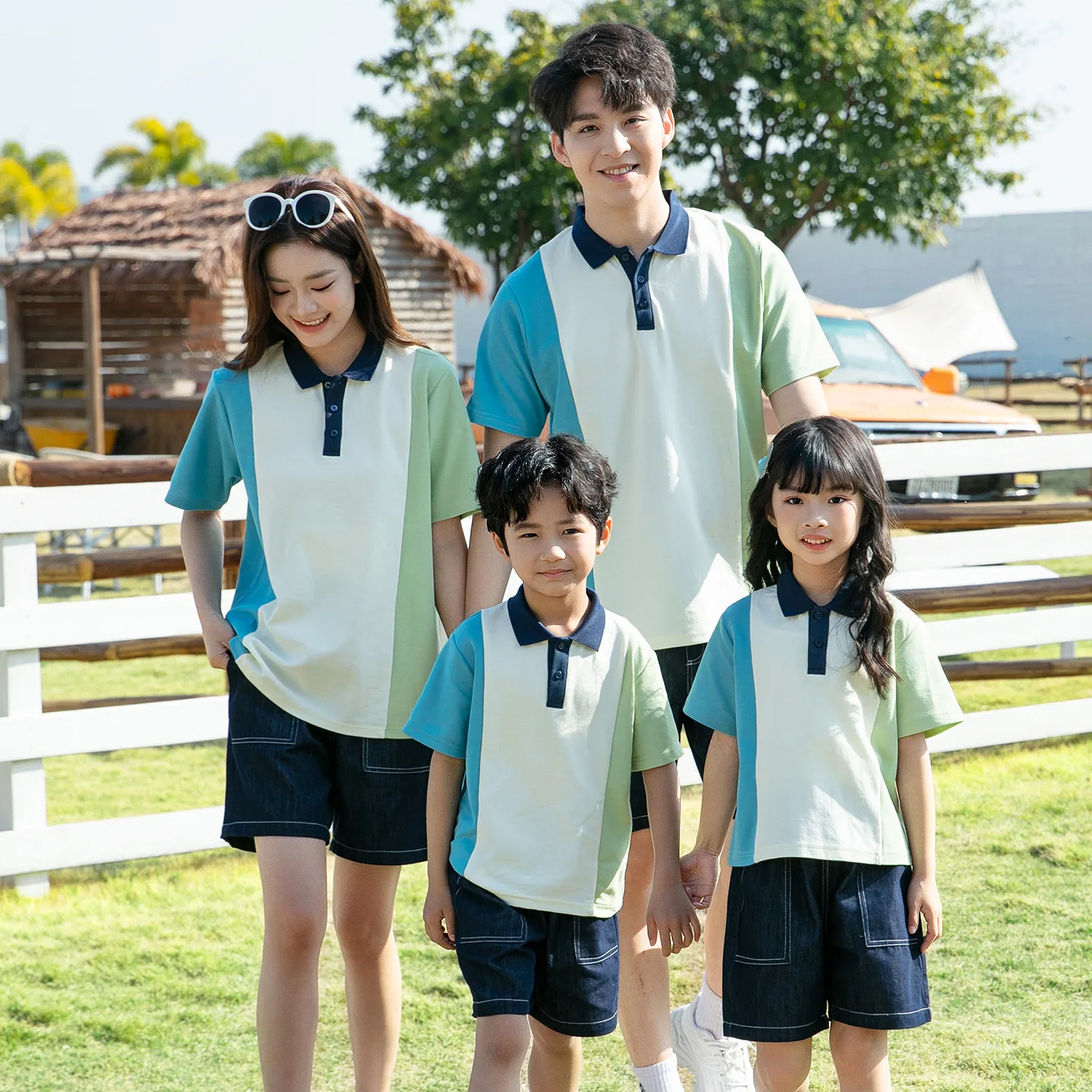 

Летние семейные поло-рубашки в британском стиле, джинсовые шорты, школьная форма, одежда для занятий, одежда для семейного отдыха для родителей и детей