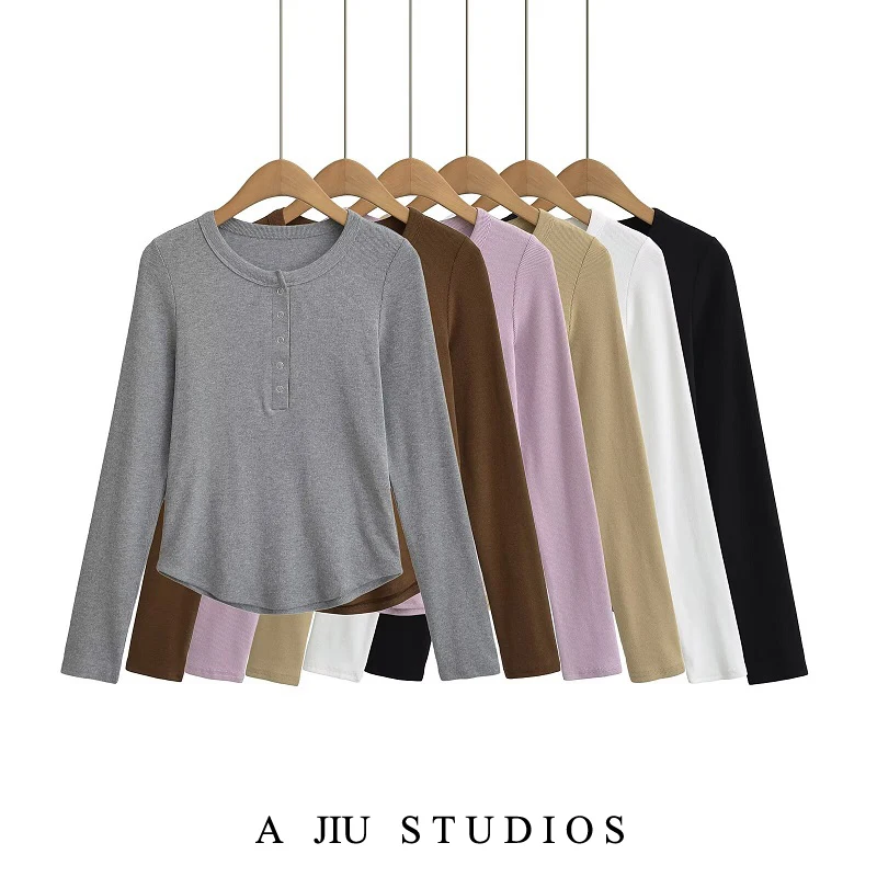 

Slim Fit Long Sve round Ne T-irt Women's Spring Color Versatile Base Layer irt American Retro Sle Street Fas...