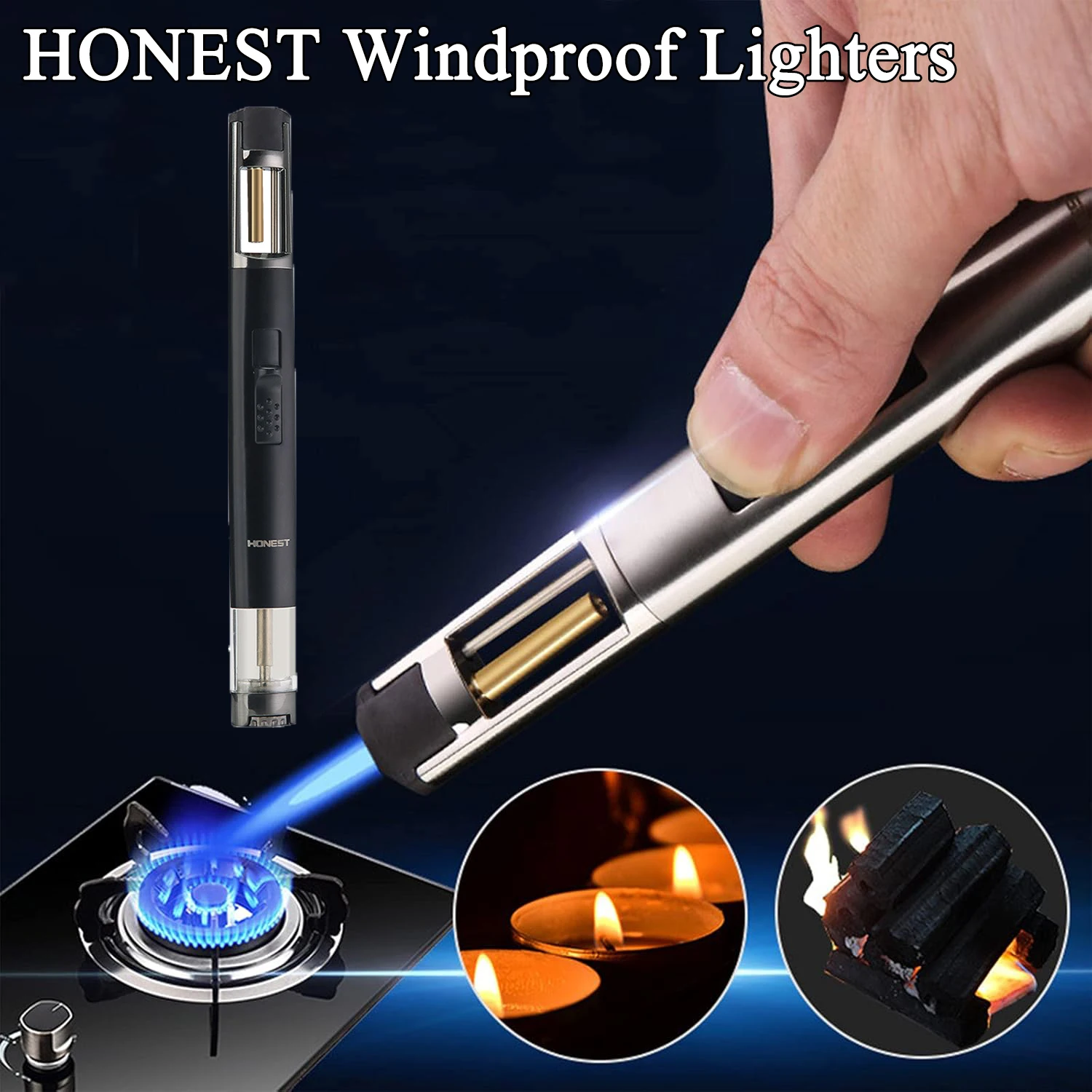 

Ветрозащитная зажигалка HONEST с синим пламенем, регулируемая, многоразовая, для сварки, кемпинга, барбекю, кухни, сигар, моксотерапии, подарков